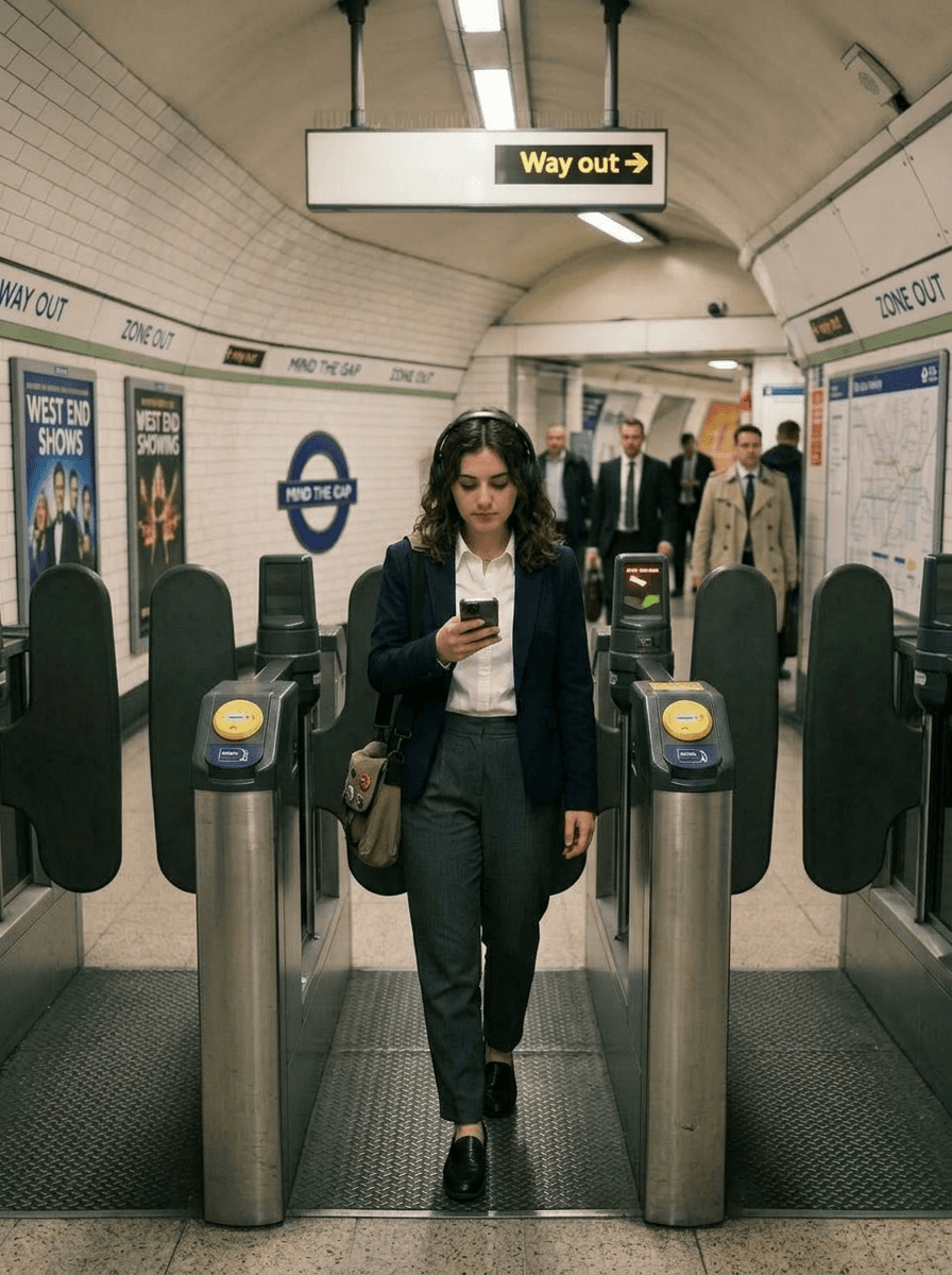 Passenger moving through underground gates with her phone