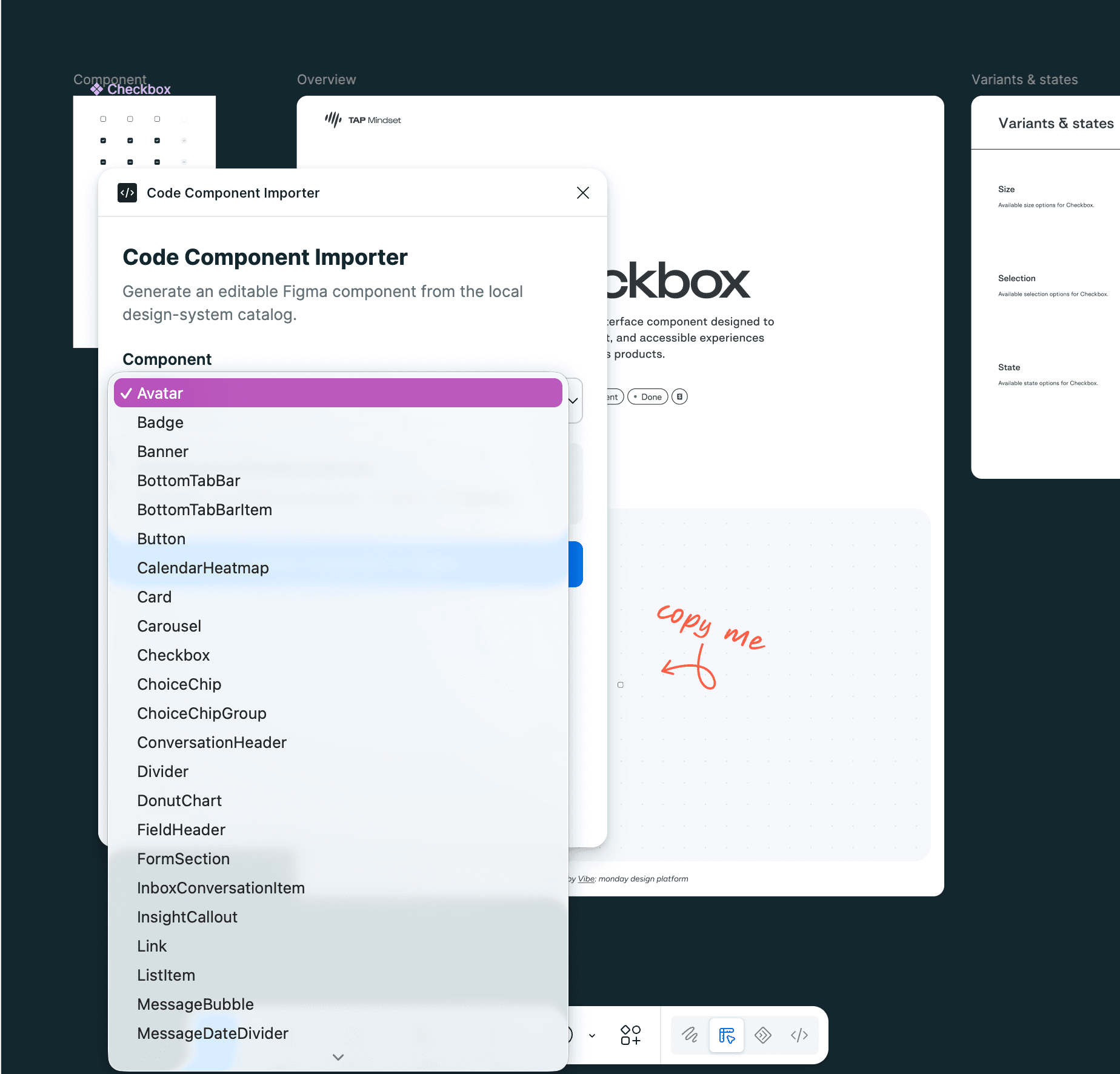 Code Component Importer running inside Figma with the catalogue dropdown open over the Checkbox component documentation.