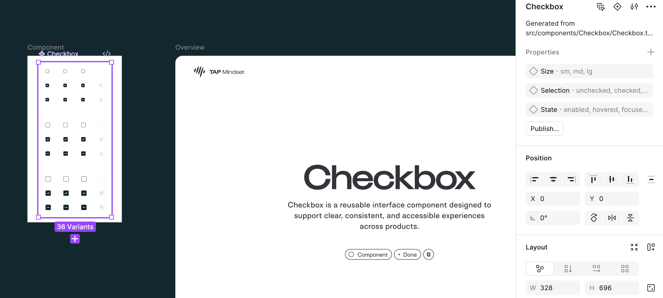 Generated Checkbox component set in Figma with 36 variants and editable Size, Selection and State properties.