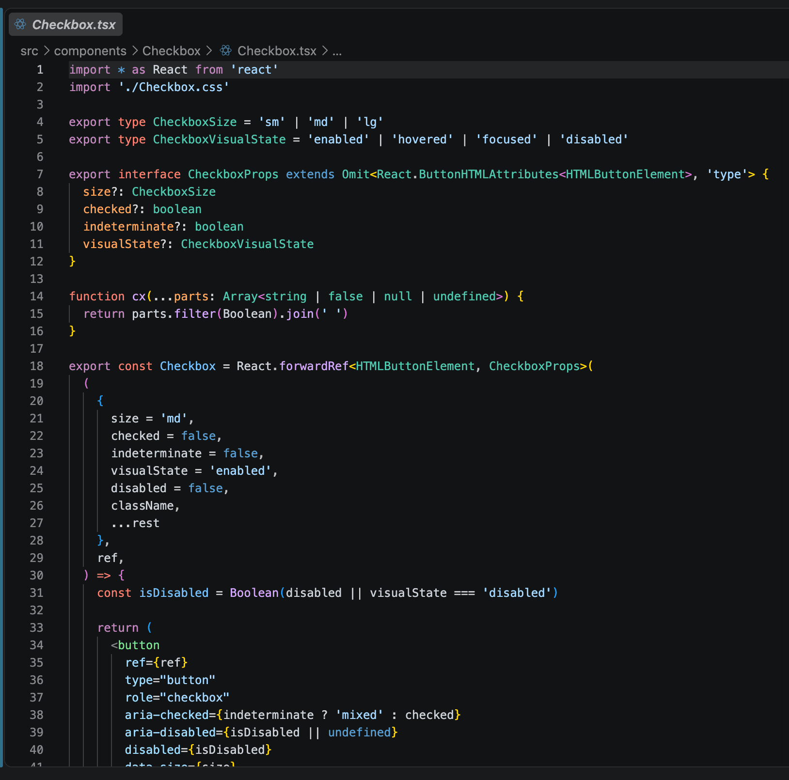TypeScript source for Checkbox showing size, visual state, checked and indeterminate properties and their defaults.