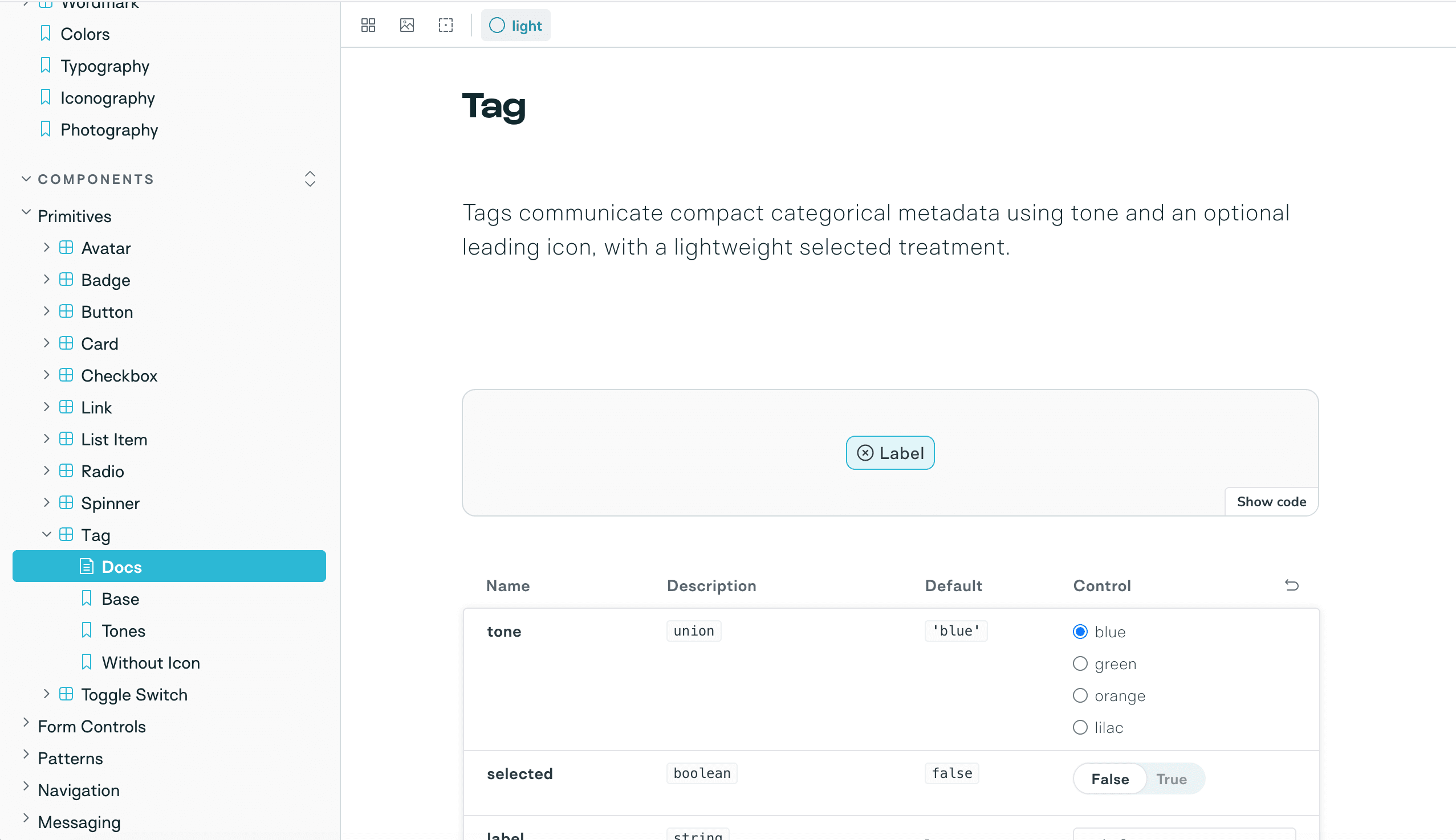 Real Storybook documentation for the Tag component showing its rendered state, typed properties, defaults and interactive controls.