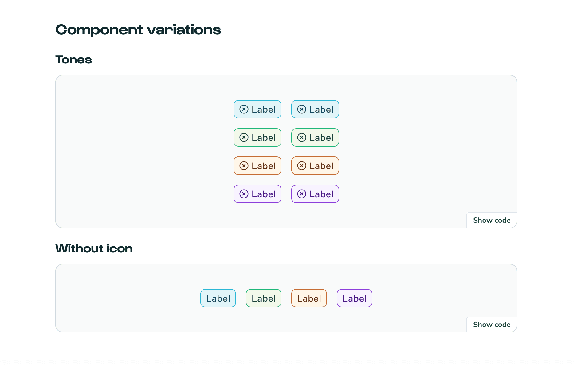 Storybook component variations showing Tag tones, selected treatments and variants without an icon.
