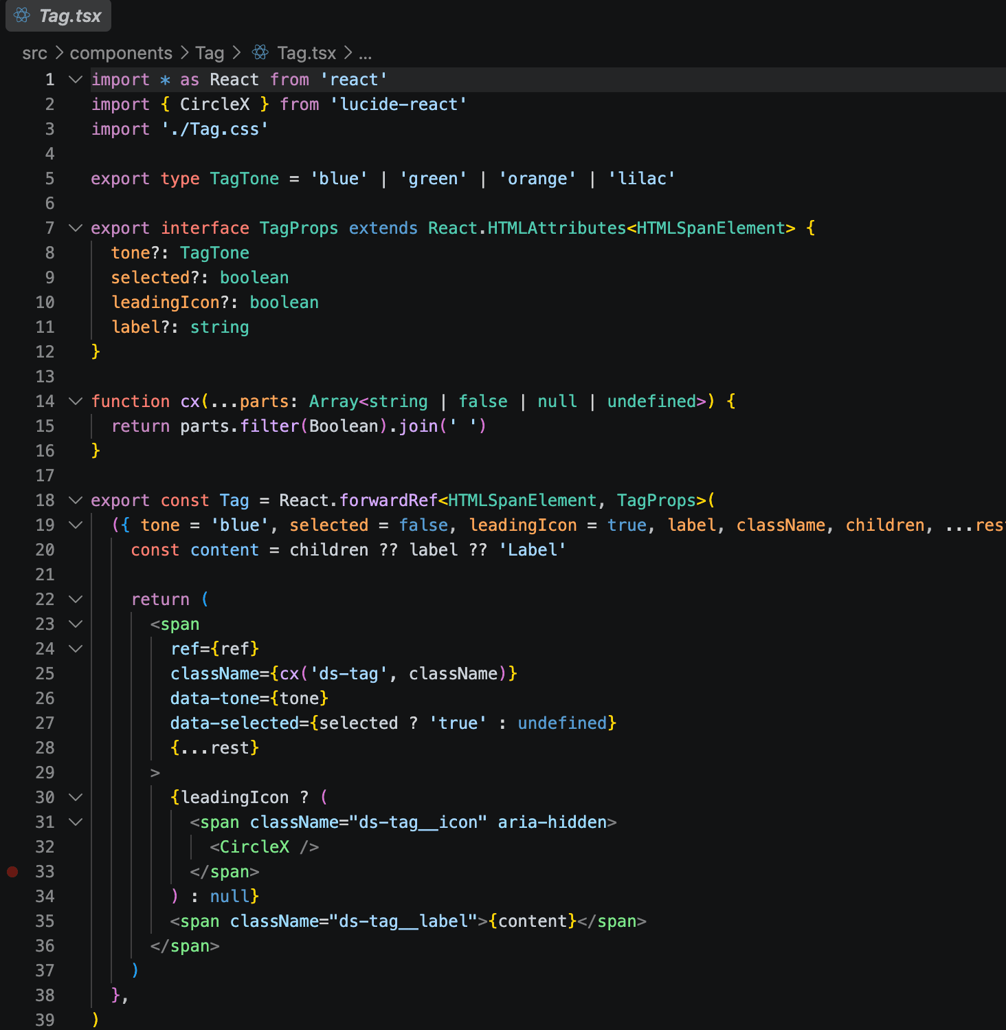 TypeScript implementation of the Tag component showing its tone union, public props and rendered data attributes.