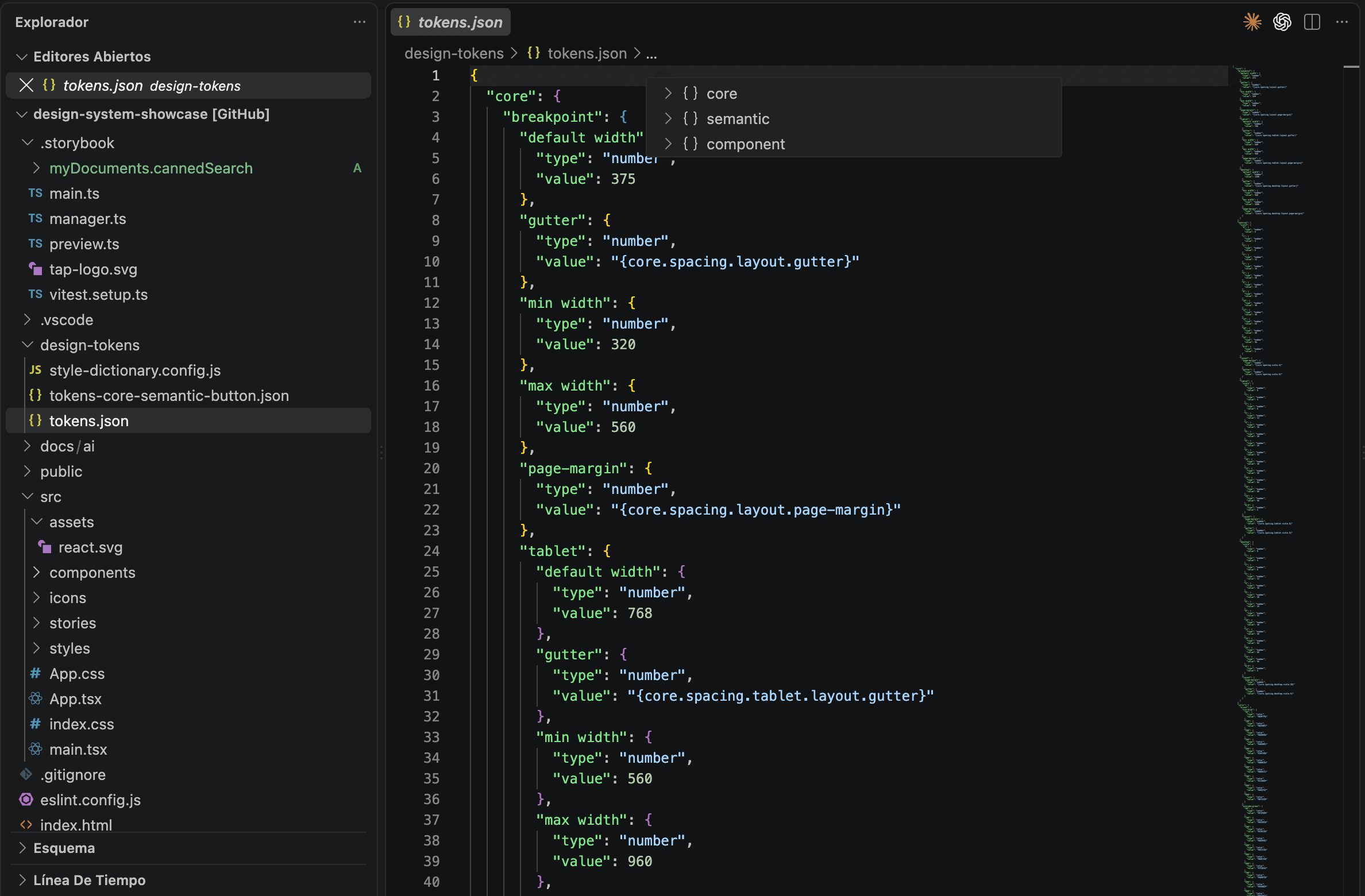 VS Code showing tokens.json with core, semantic and component layers and token aliases.