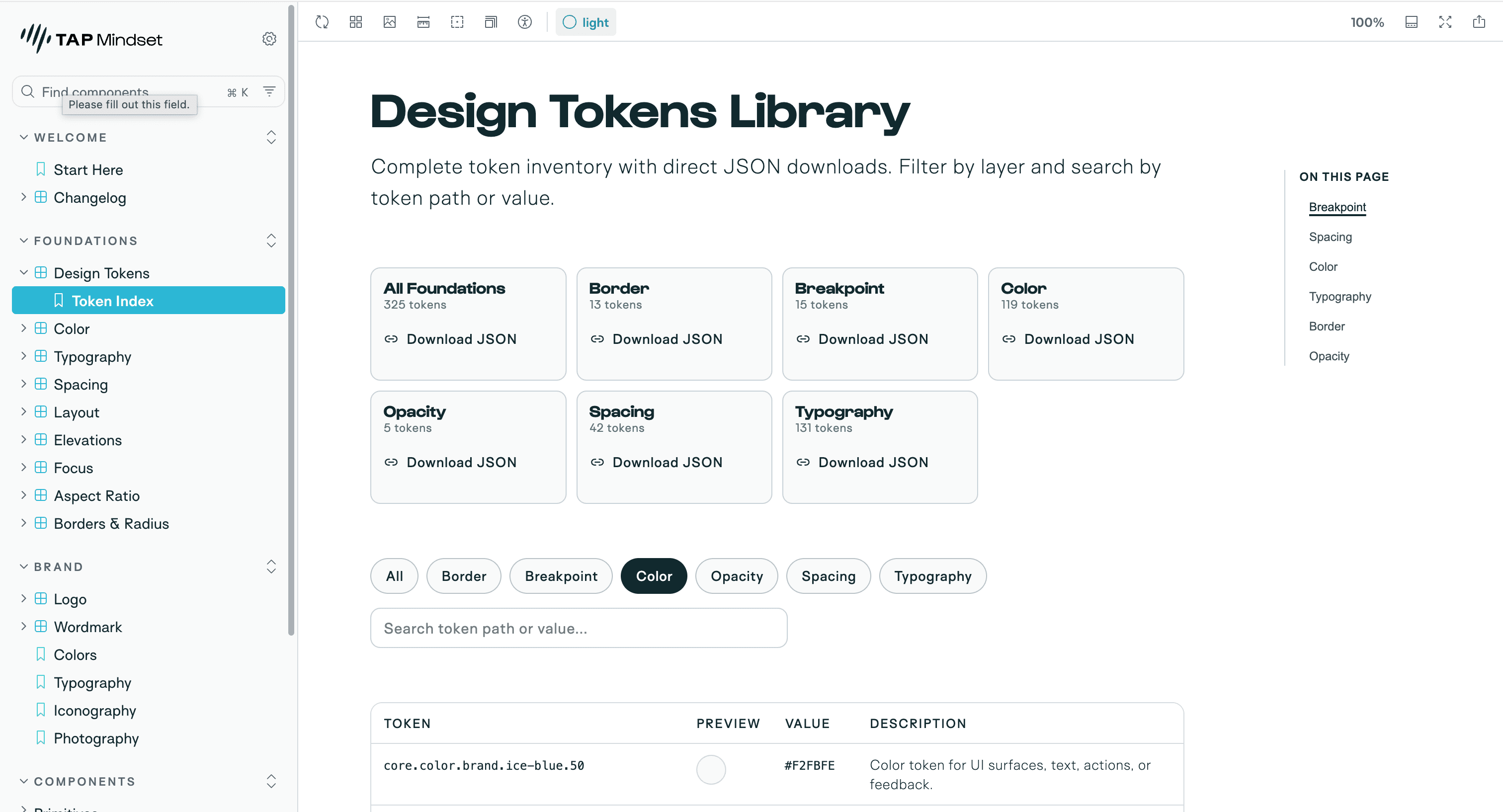 Storybook Design Tokens Library showing token categories, downloadable JSON files and token values.