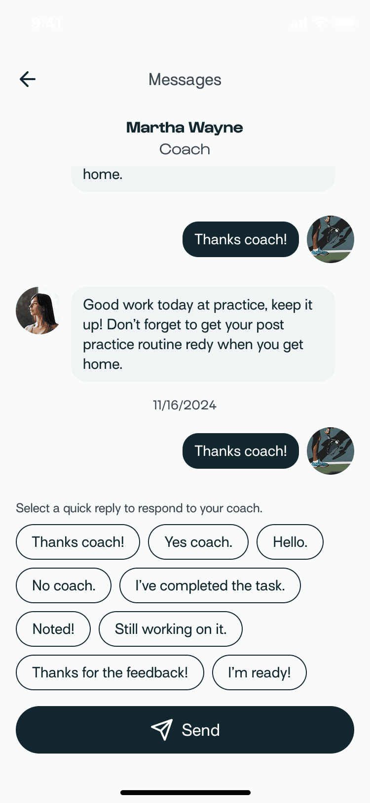 Athlete and coach messages screen
