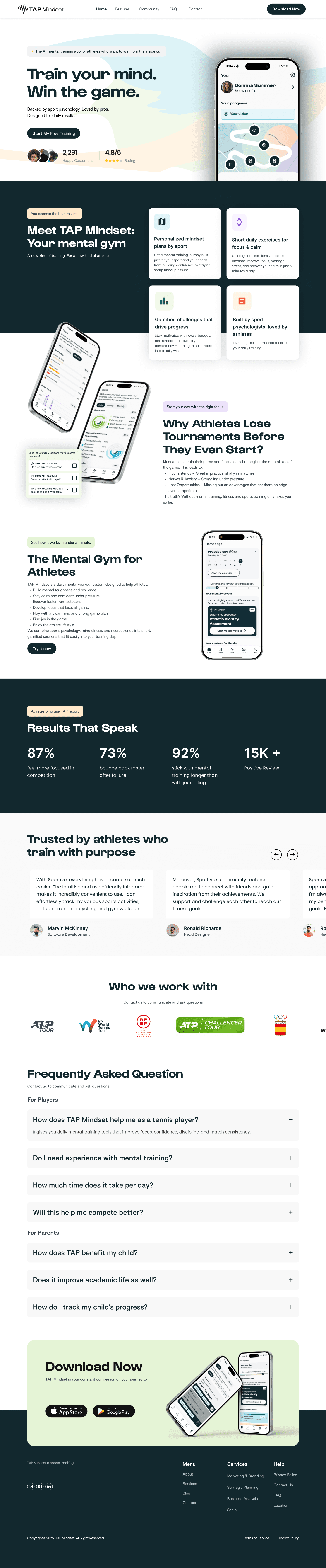 TAP Mindset promotional website, from hero through product benefits and download