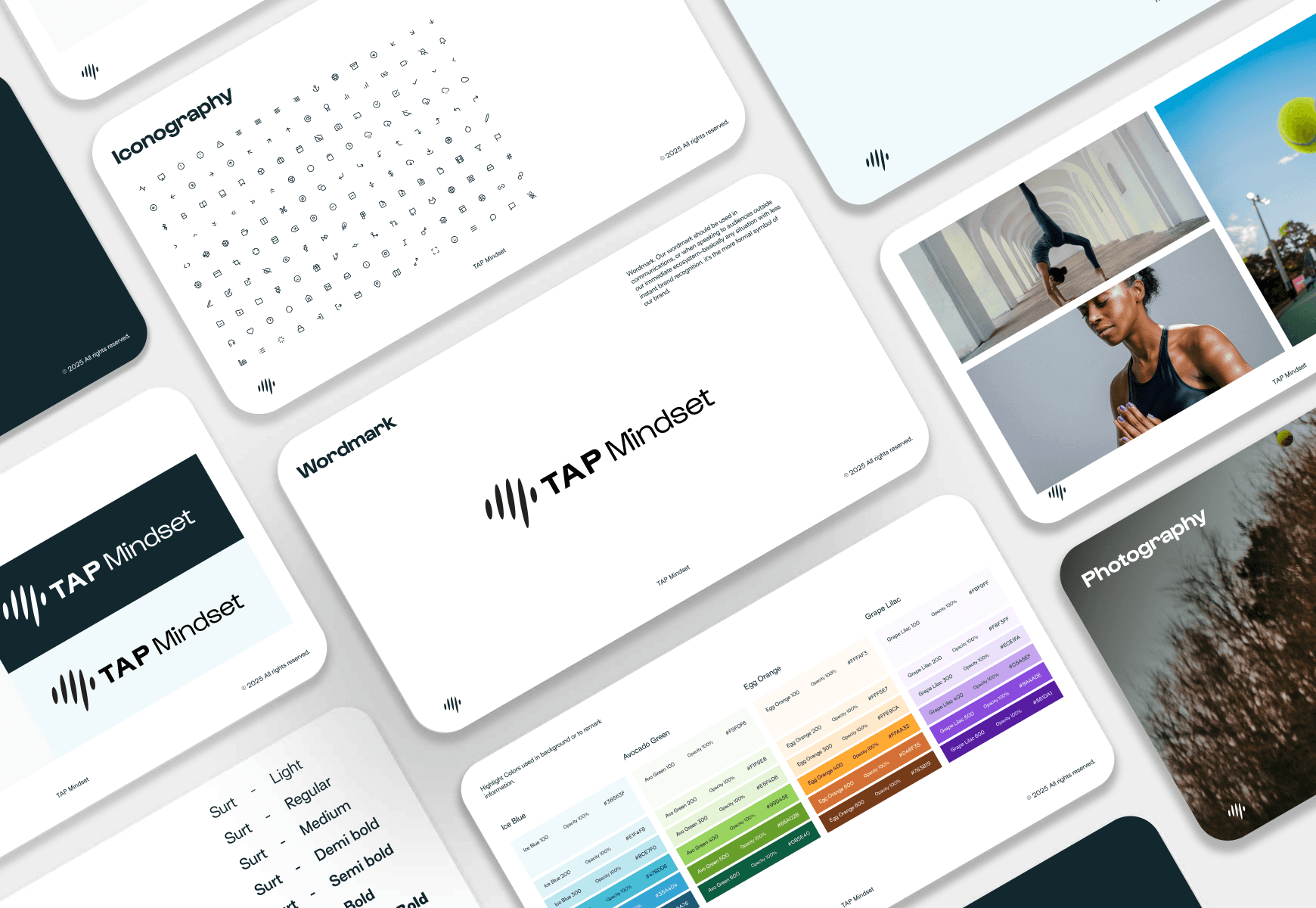 TAP Mindset visual identity system showing wordmark, iconography, colour, typography and photography