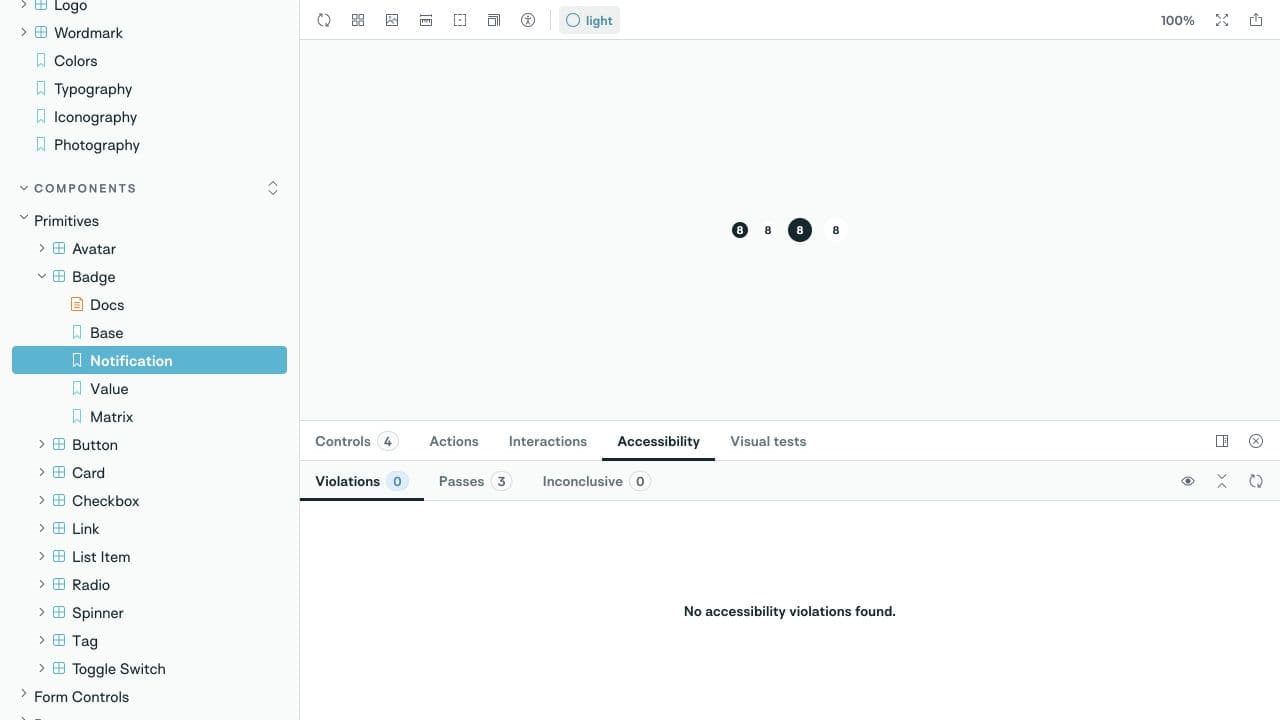Published Storybook Badge story with the Accessibility panel reporting zero violations and three automated checks passed.
